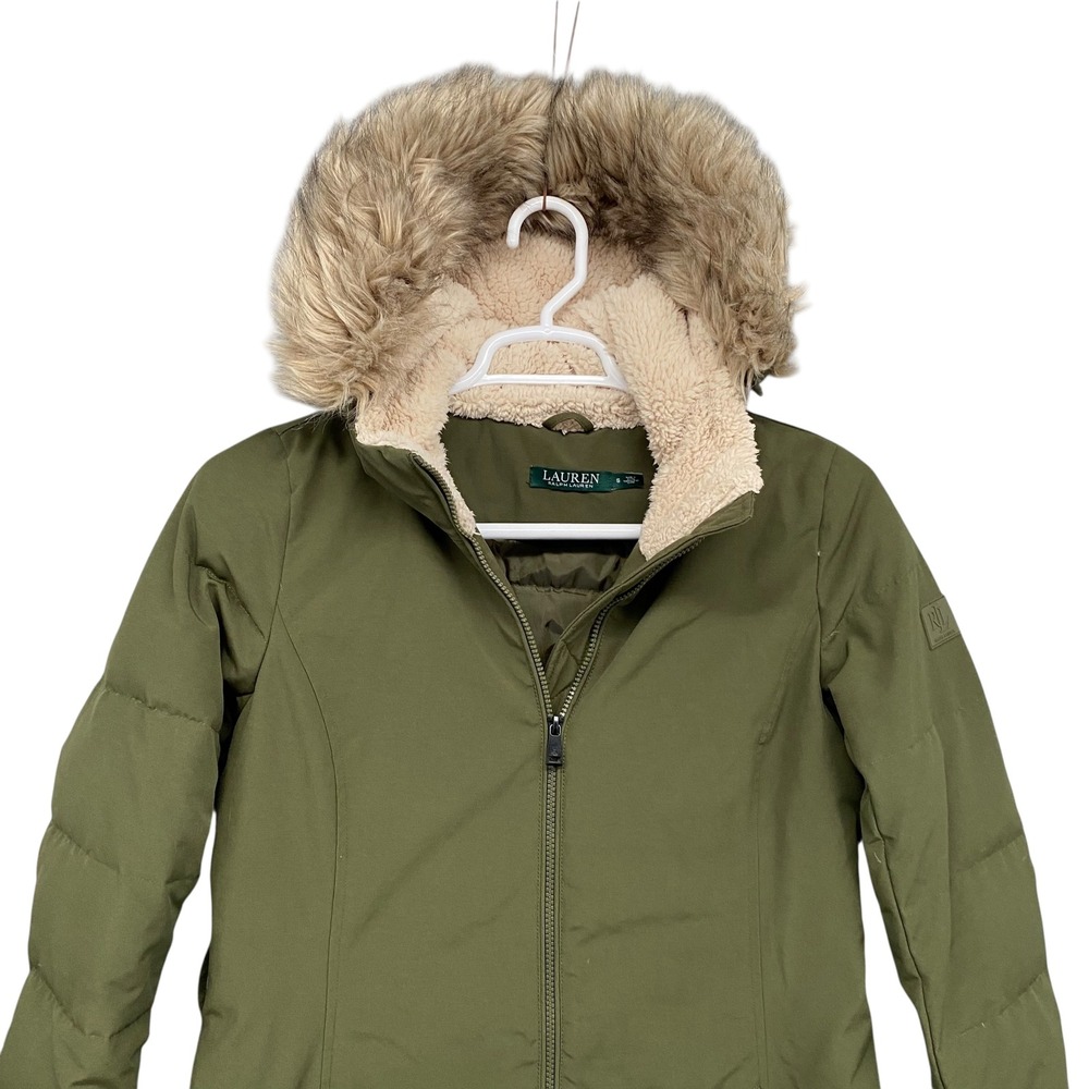 Lauren Ralph Lauren Womens Olive Green Faux Fur Trim Hooded Down Puffer Small‎ - Picture 4 of 13